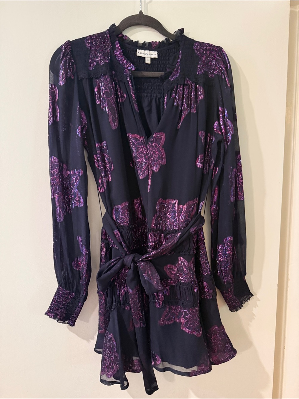Karina Grimaldi Black Dress with Metallic Purple Floral Print